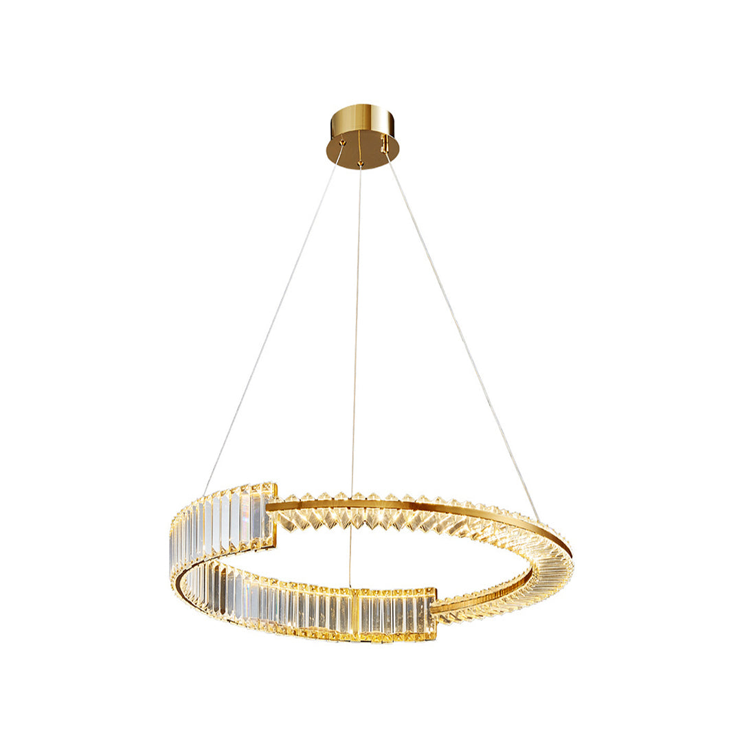 Luxury gold crystal chandelier featuring single circular tier with suspended crystal elements