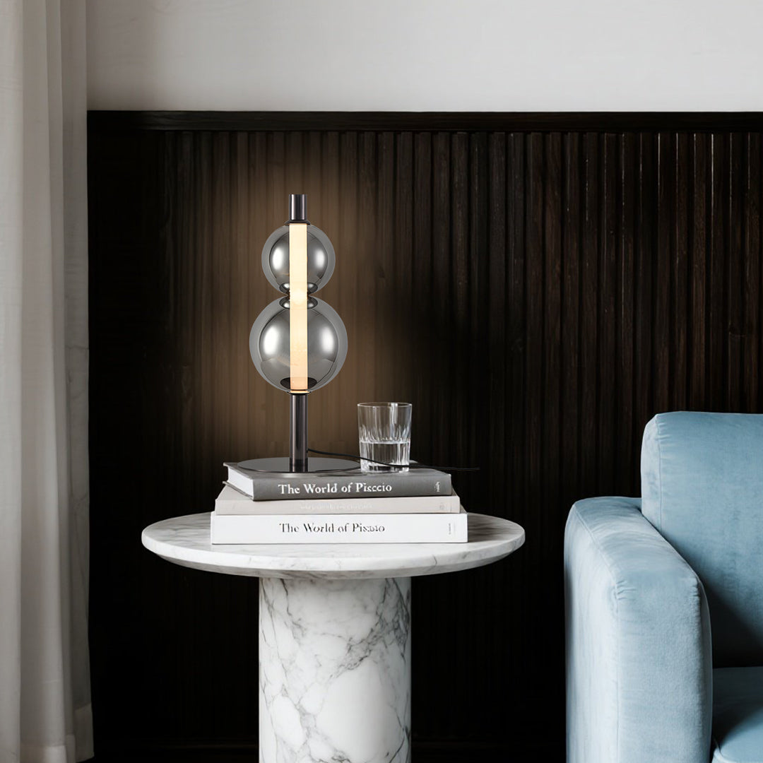 Luxury art table lamp creating sophisticated lighting in modern living room environment