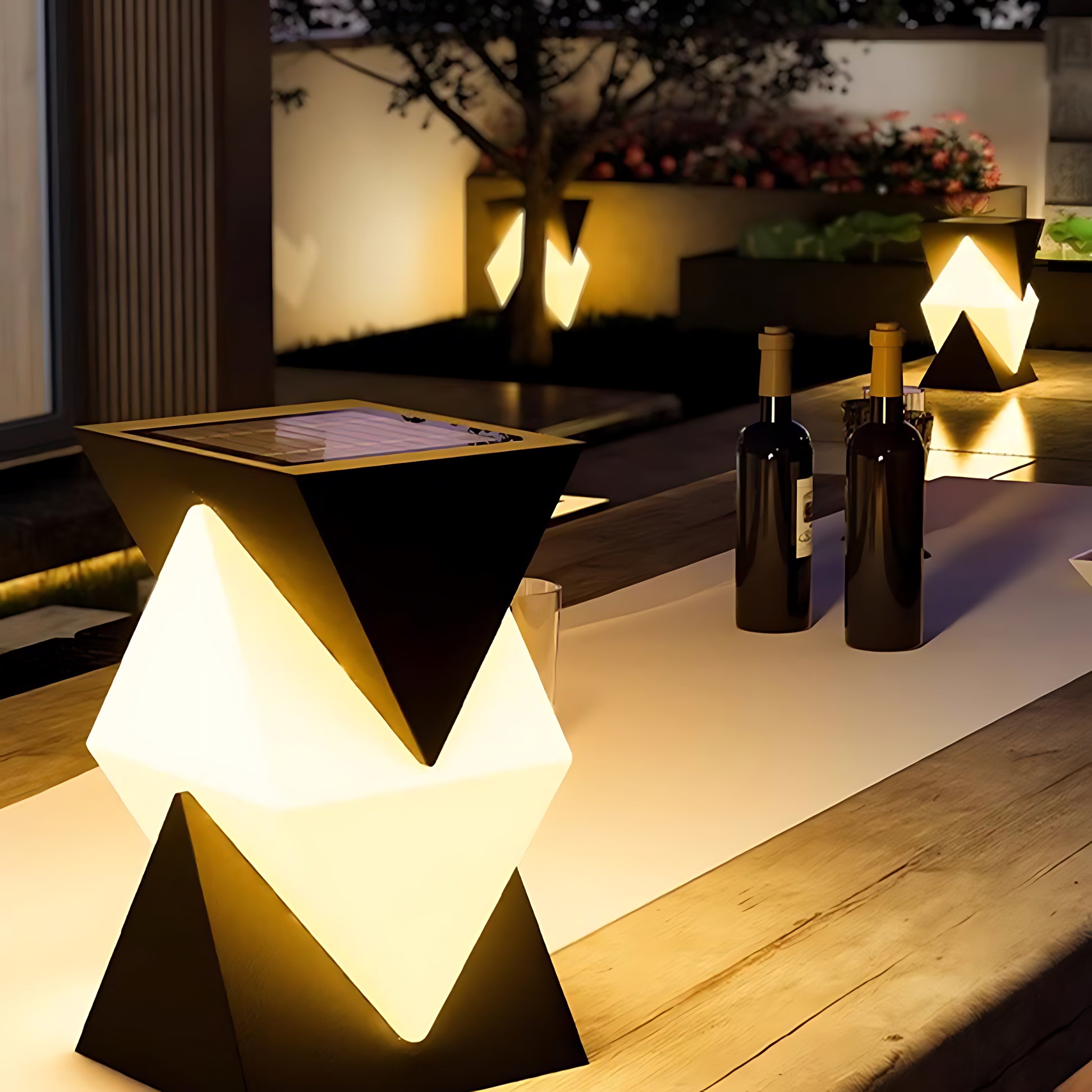Luxury special shaped pillar light providing sophisticated lighting for upscale outdoor dining space