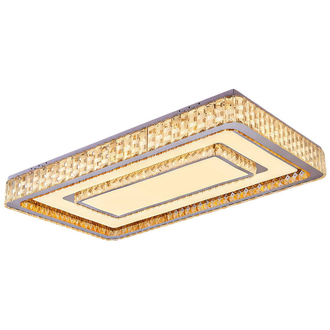 Square flush mount LED light with crystal frame for bedroom or living room.