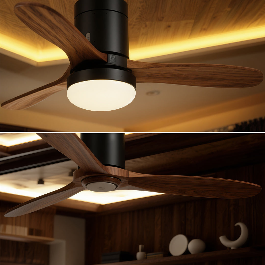 Luxury three blade wooden ceiling fan with light in warm ambient restaurant lighting environment