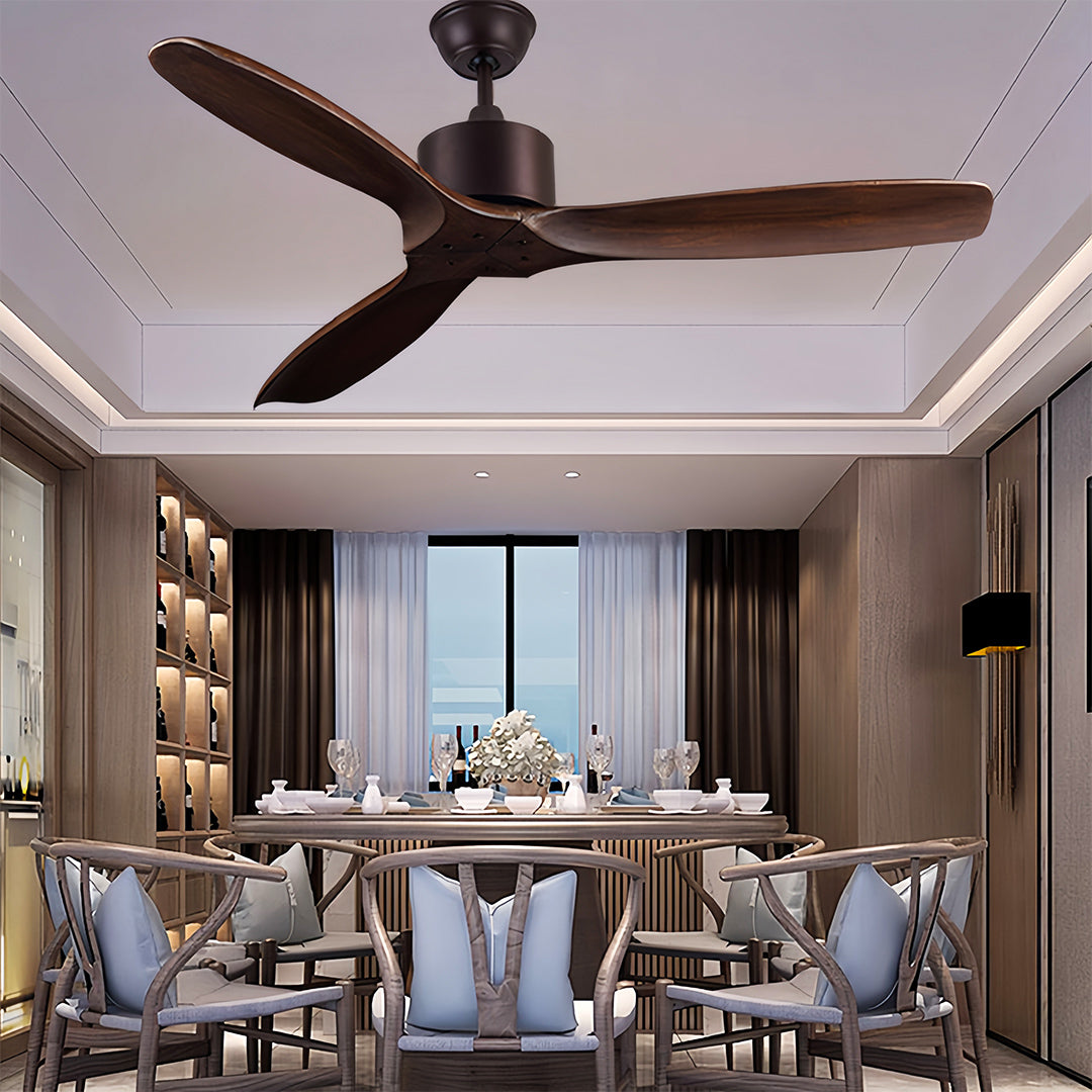 Luxury wooden ceiling fans with light in upscale restaurant with modern interior design