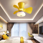 Macaron ceiling fan with light installed in modern living room interior.
