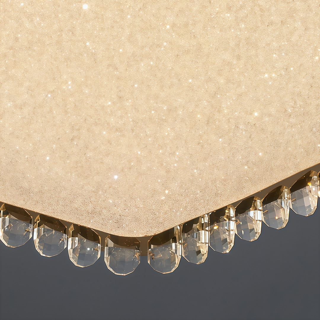 Macro shot of flush mounted LED lights crystal details with glass shade chandelier design showing decorative edge craftsmanship.