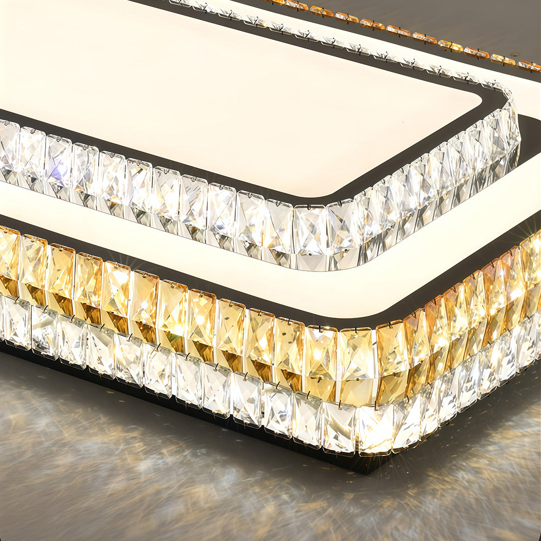 Macro shot of modern flush mount light fixture highlighting layered crystal and gold border.