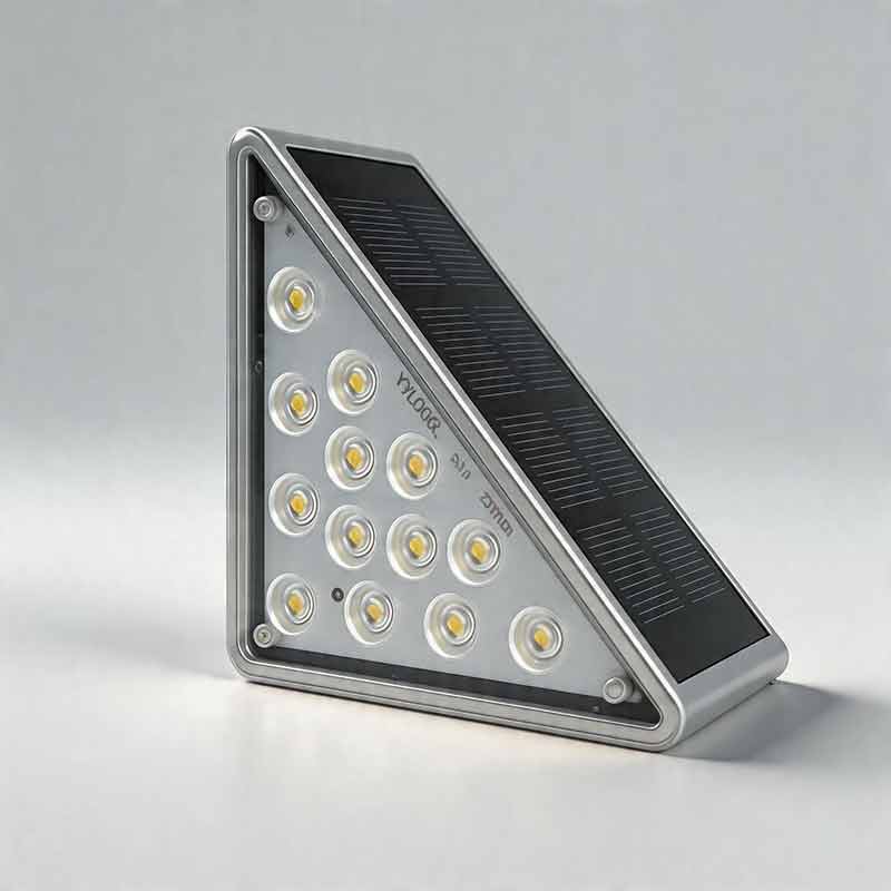 Macro view of multiple LED beads on triangular solar powered lights for steps with silver frame.