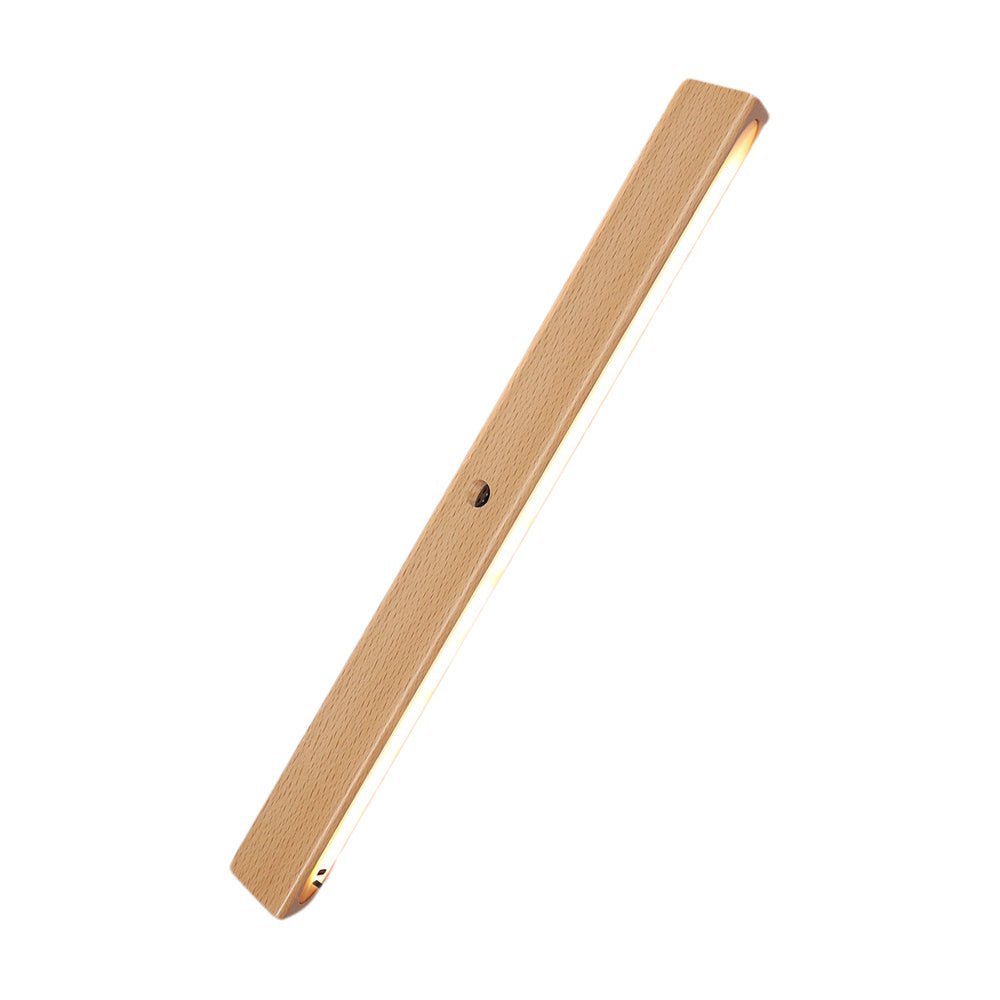 Magnetic motion sensor light with a detailed view of its sensor and wooden body.