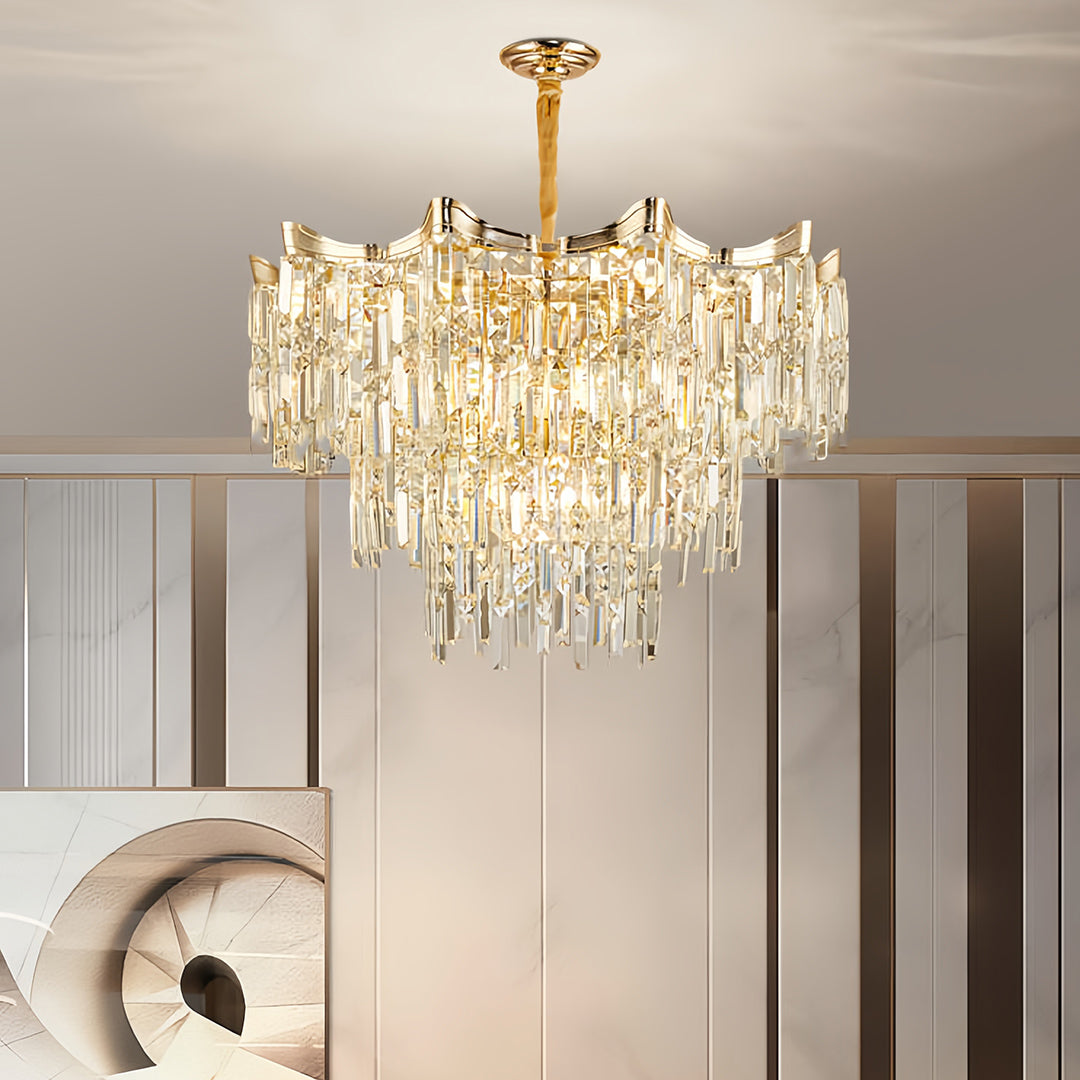 Magnificent tiered glass chandelier featuring crystal drops suspended in elegant dining room setting