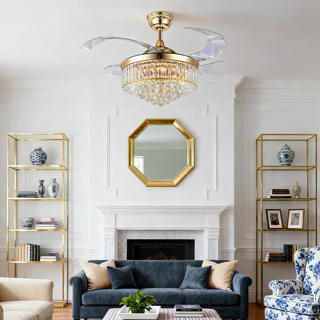 Majestic crystal ceiling fans with lights accenting a lavish living room with gold shelving 