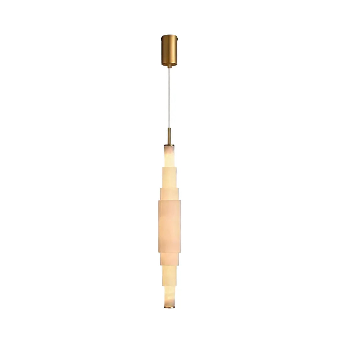 Marble chandelier full product image showing a slim vertical hanging light with layered stone sections.