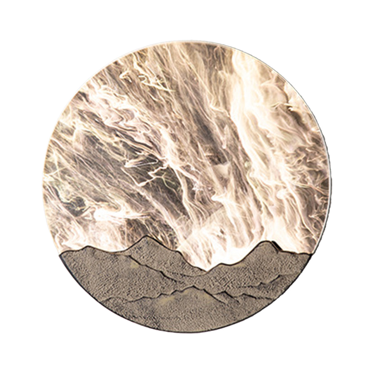 Circular wall art light featuring natural marble texture with mountain silhouette design