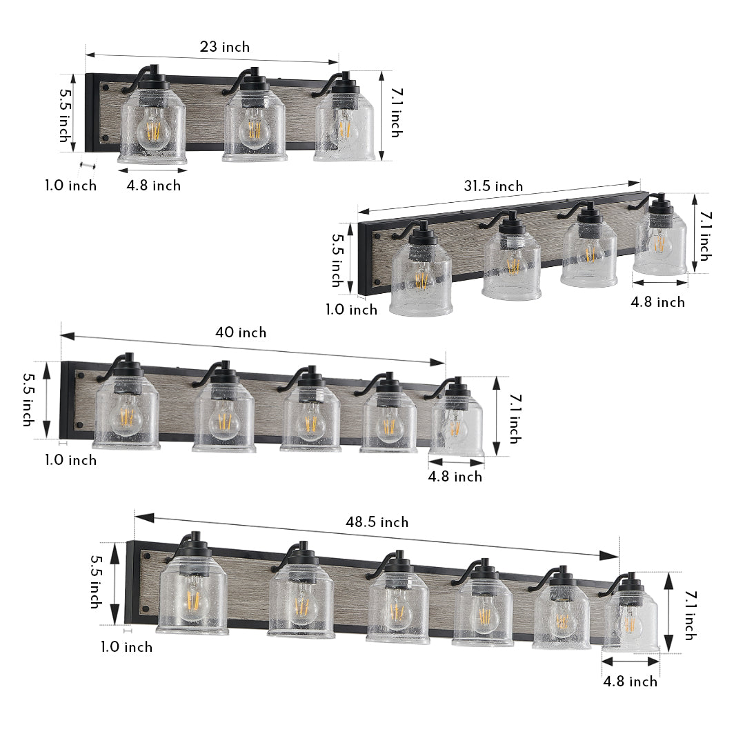 Multi-light wall sconce with mason jar-style glass shades, including detailed dimensions for installation.