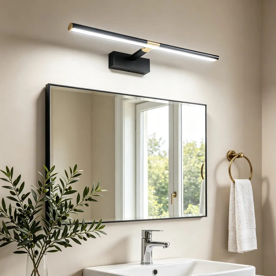 Master bathroom vanity lights with an adjustable linear bar mounted above a rectangular mirror.