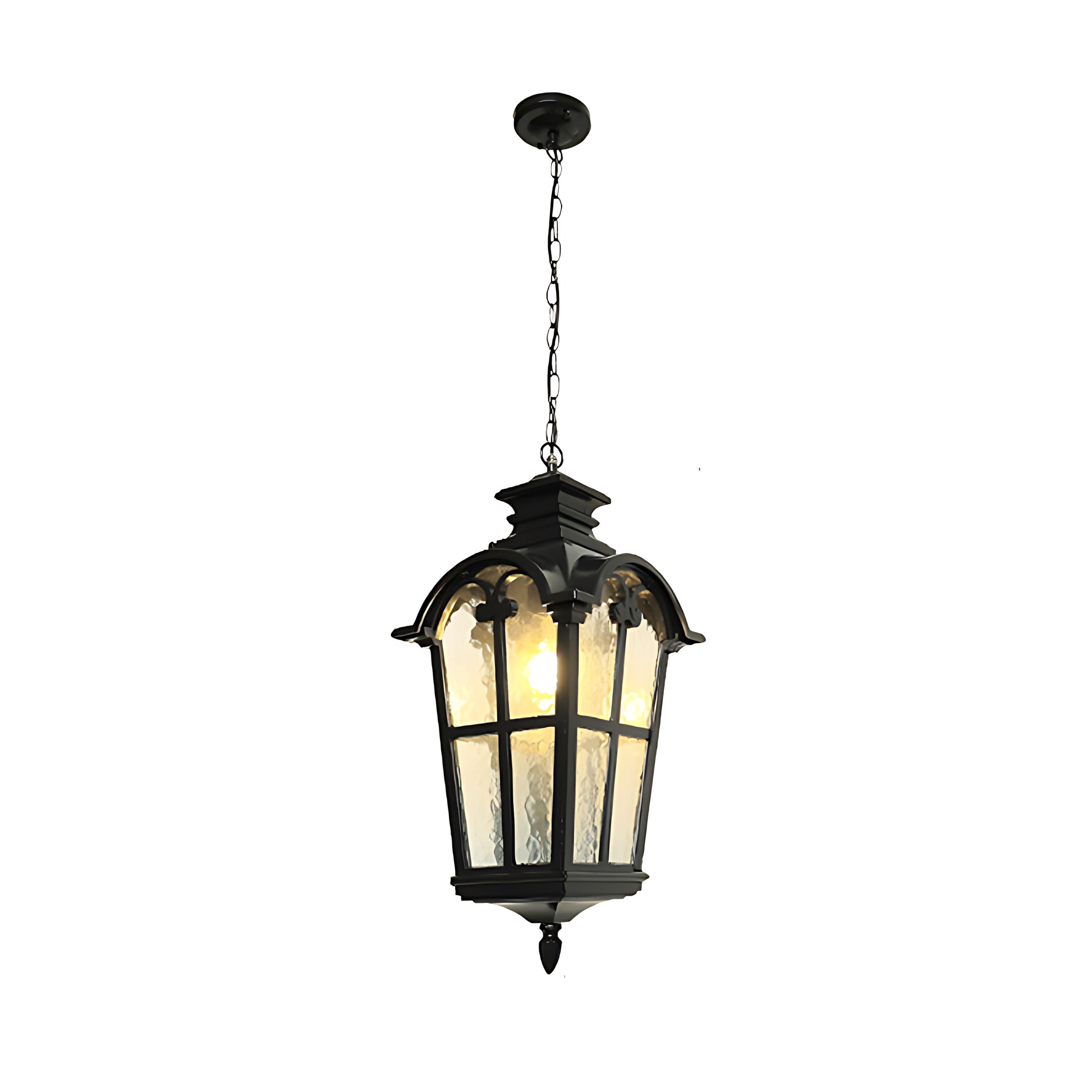 Pair of matching pendant lanterns providing symmetrical lighting for formal entrance