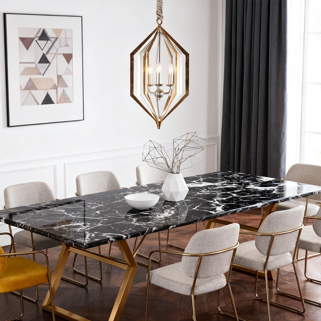 Matching brown pendant lights providing task lighting over a dark wood island with black appliances in a bright, contemporary kitchen.