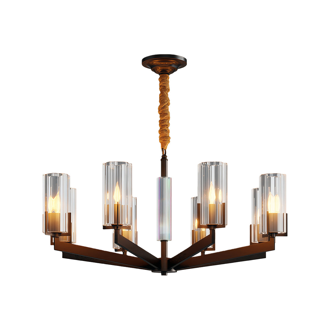 Shell chandeliers in matte black with modern angular frame and cylindrical glass elements