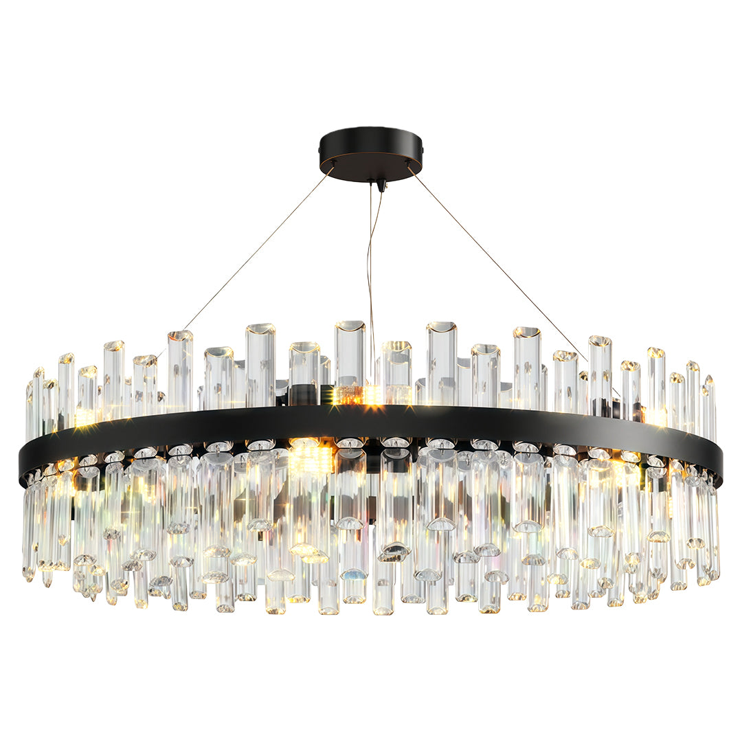 Decorative luxury crystal chandelier featuring matte black frame with cascading crystal elements.
