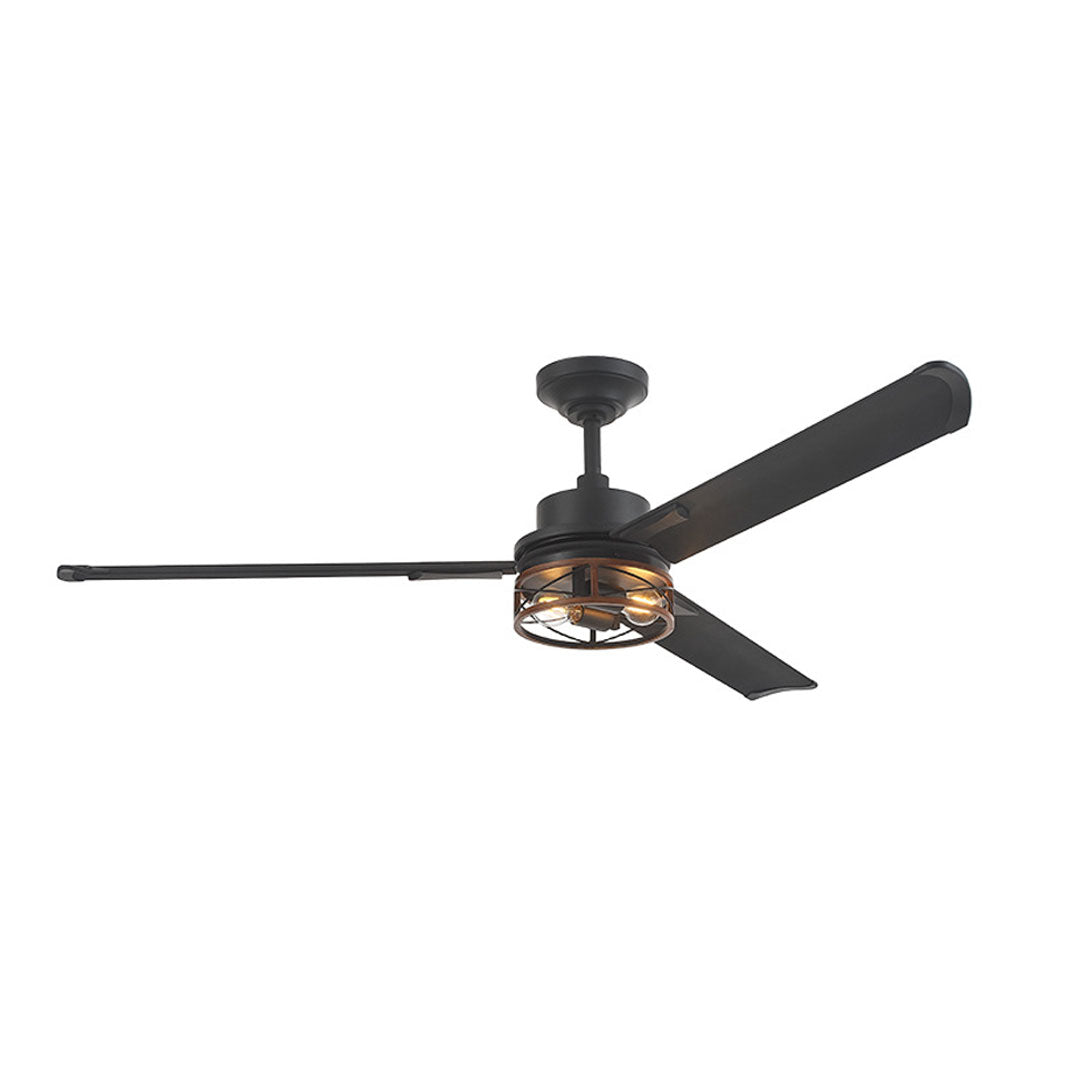 Black ceiling fan with lighting featuring a matte black finish and warm integrated cage lights.