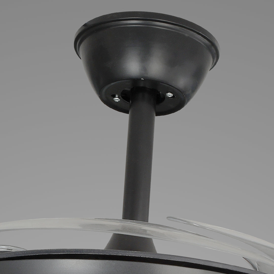 Detailed view of the matte black ceiling fan with lights mounting canopy and downrod 