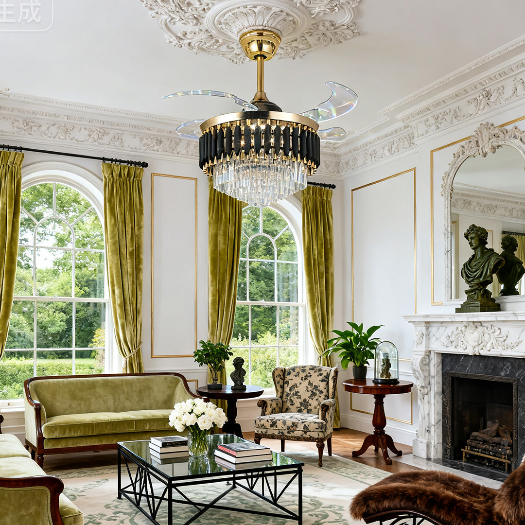 Matte black ceiling fans with light featuring retractable blades above gray wall paneling 