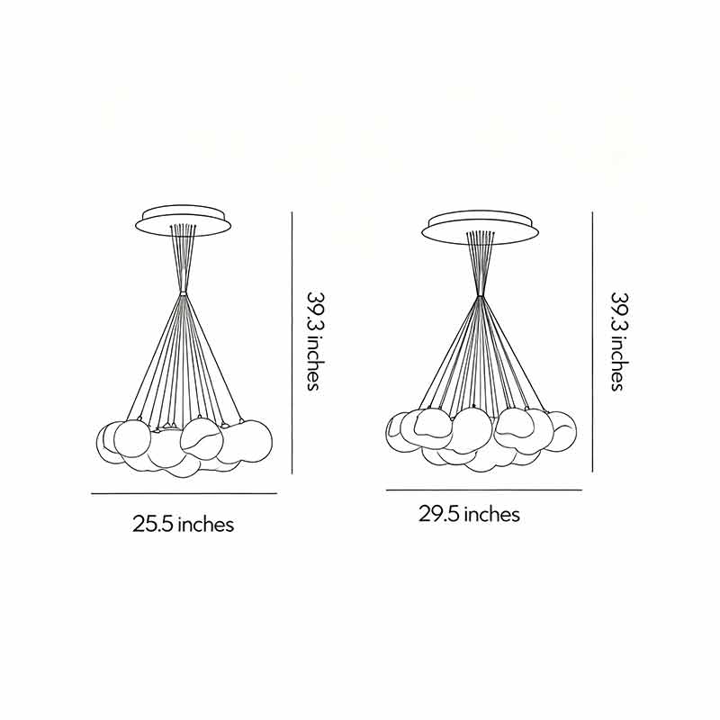 Technical drawing of matte black chandelier showing dimensions and adjustable hanging length.