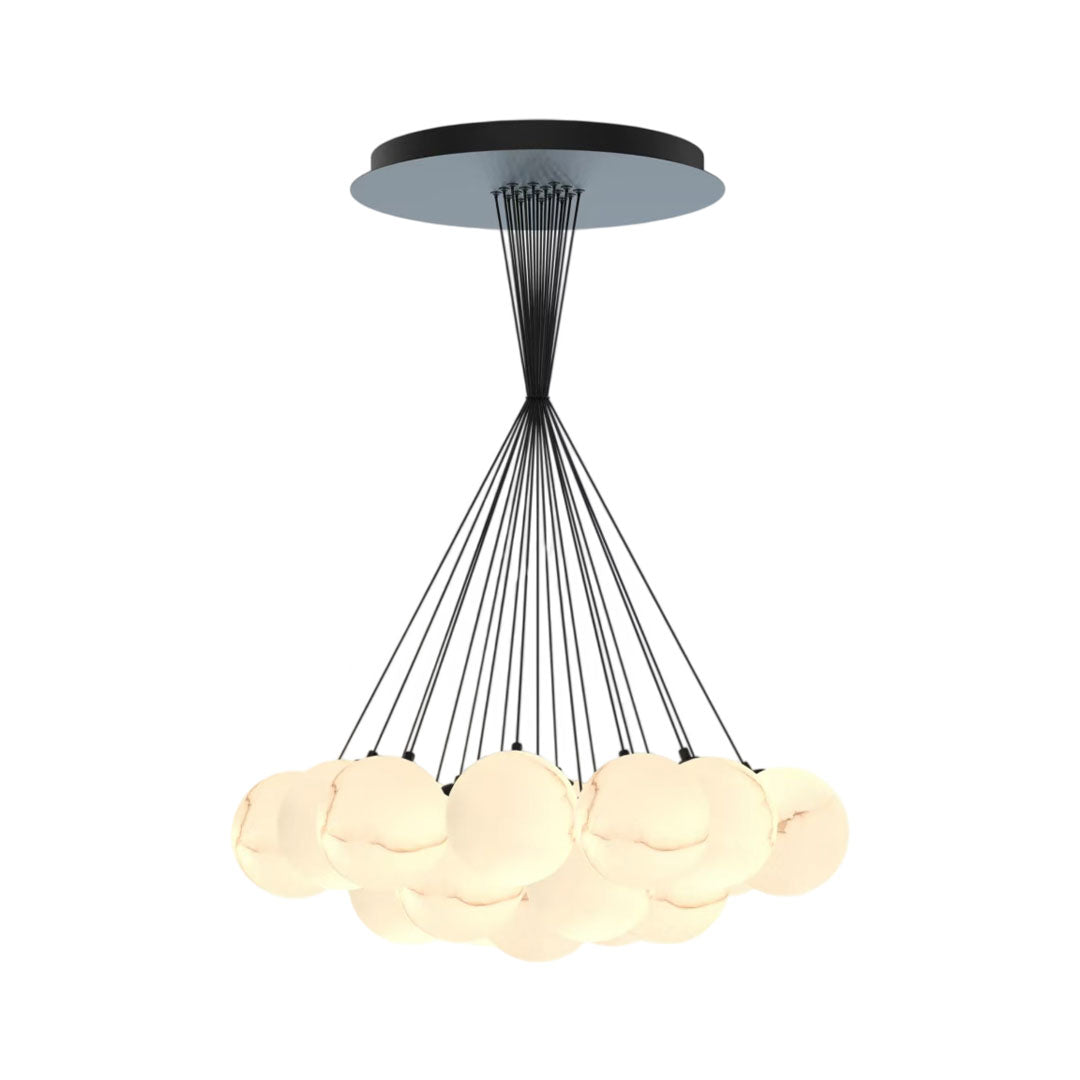 Alternative arrangement of matte black chandelier with evenly distributed glowing spheres.