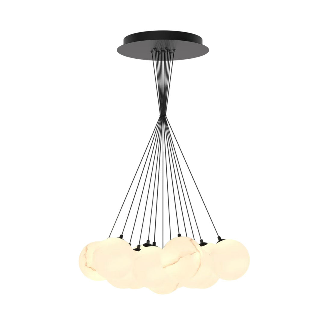 Product view of matte black chandelier with multiple cables and clustered globe lights.
