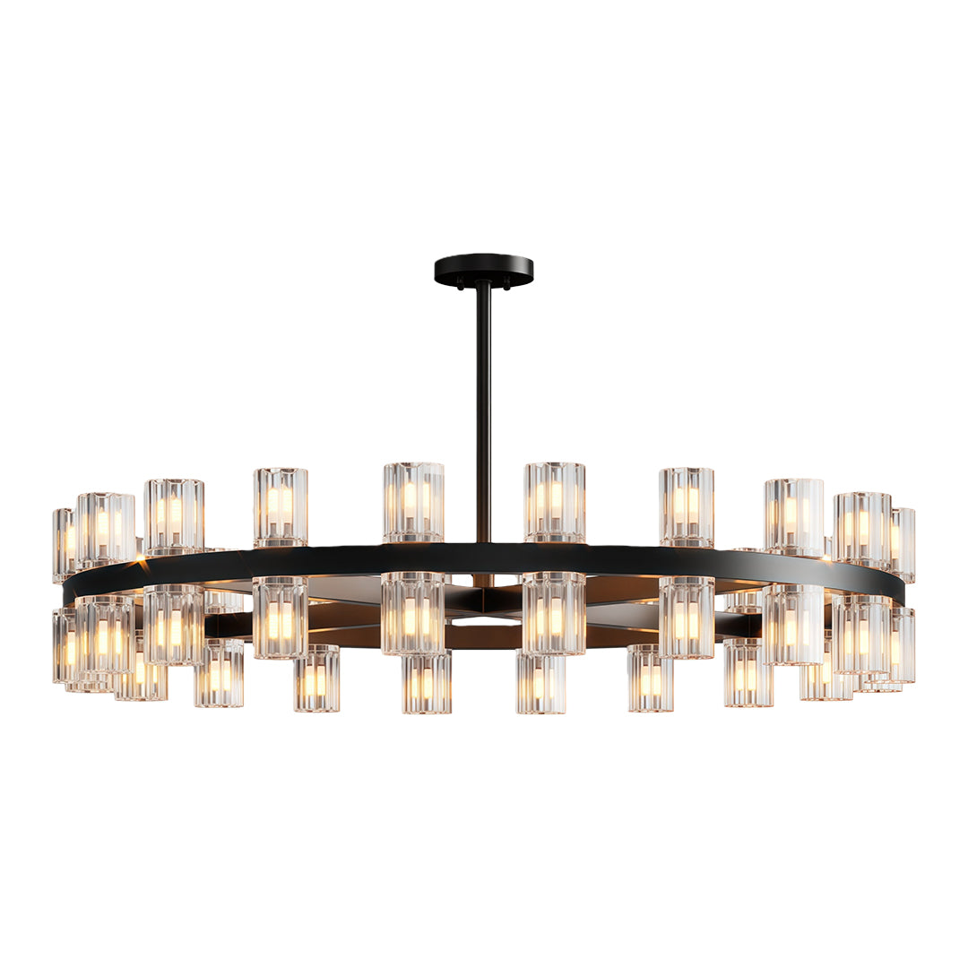 Modern luxury crystal chandeliers in matte black with circular crystal glass arrangement.