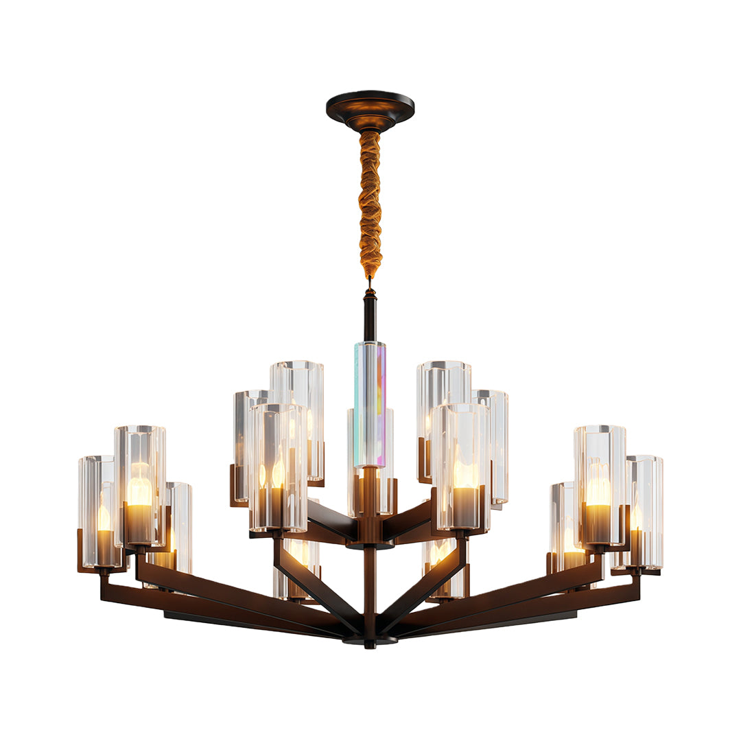 Modern luxury chandeliers in matte black with dramatic angular frame and fluted glass elements