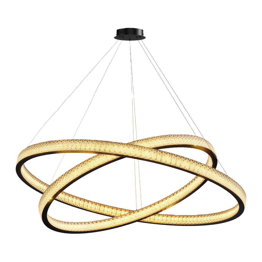 Modern luxury chandeliers in matte black with dramatic intersecting crystal ring arrangement