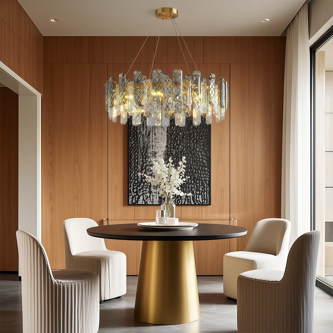 Luxury contemporary crystal chandeliers in matte black with dramatic smoked glass arrangement.