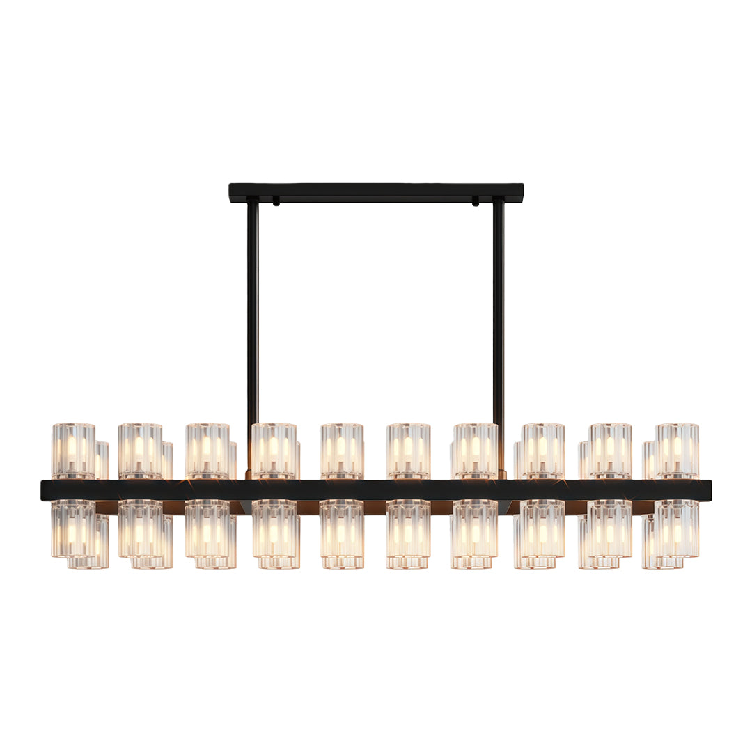 Luxury crystal chandeliers in matte black with elongated rectangular glass layout.
