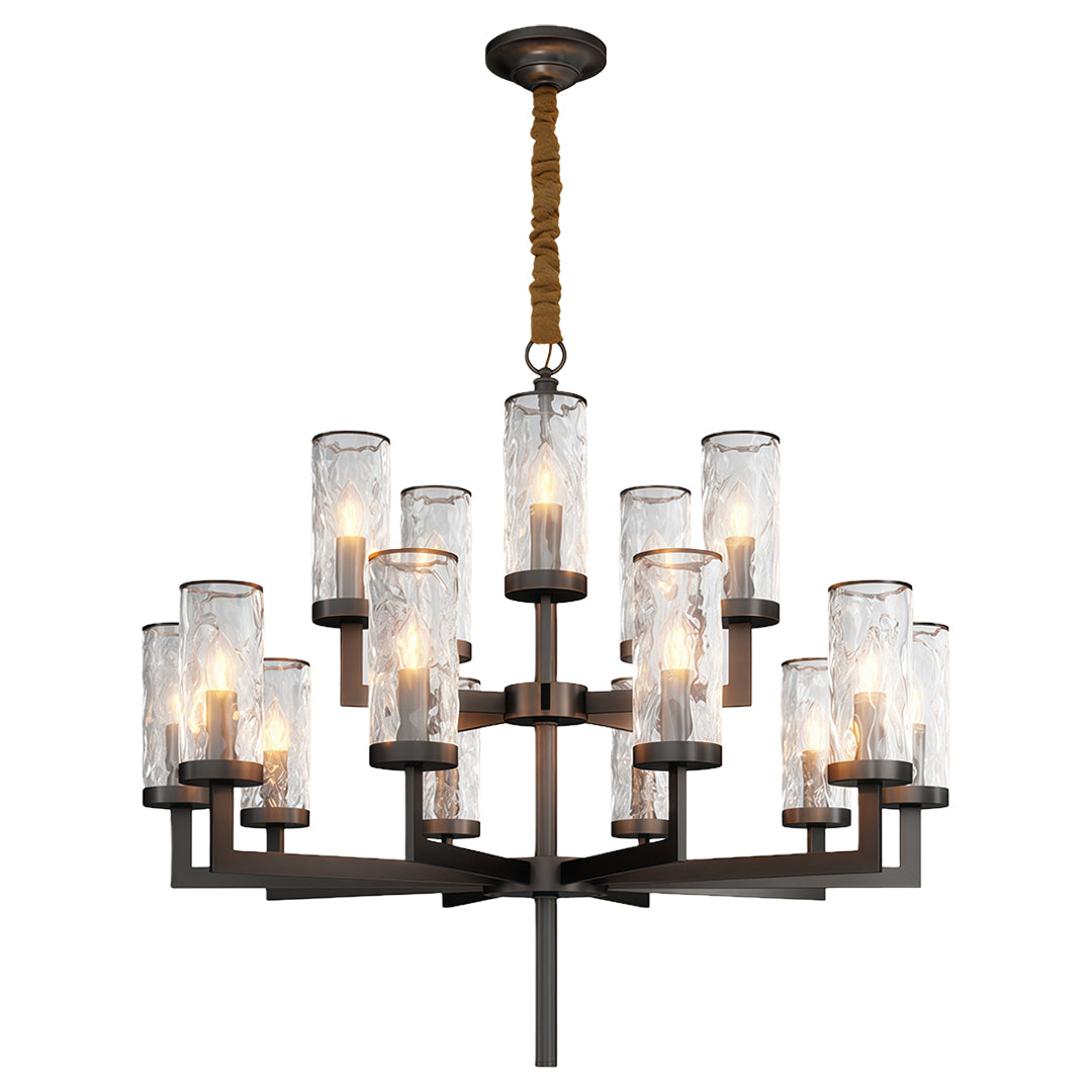 Island chandelier modern in matte black with expanded multi-level glass arrangement