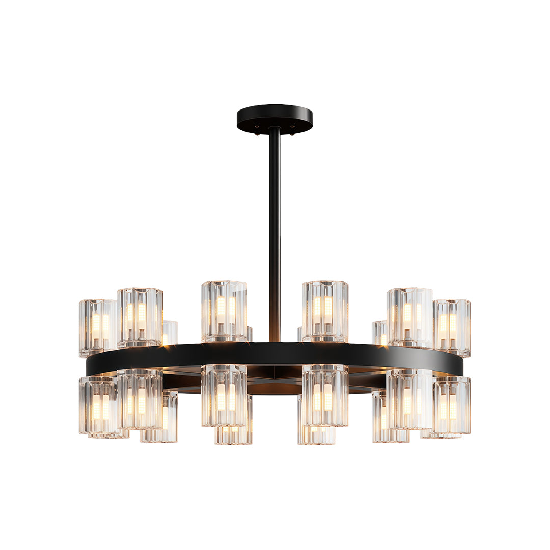Modern luxury crystal chandeliers in matte black with geometric crystal glass configuration.