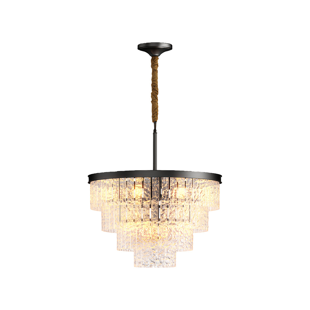 Luxury modern forms chandelier in matte black with graduated crystal rod arrangement.