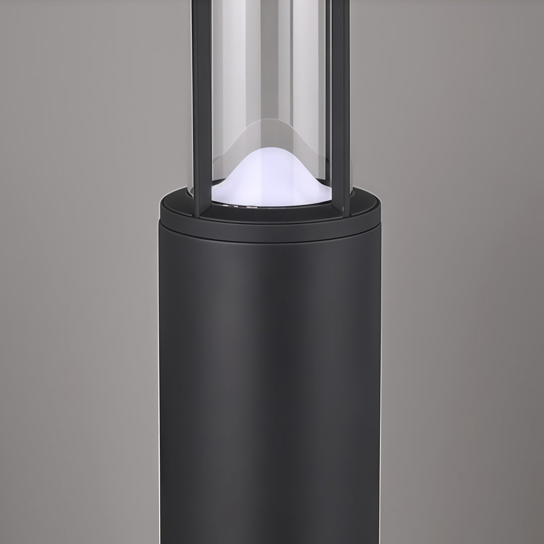 Detailed view of matte black Landscape Bollard Lights with clear glass enclosure and minimalist outdoor lighting design.