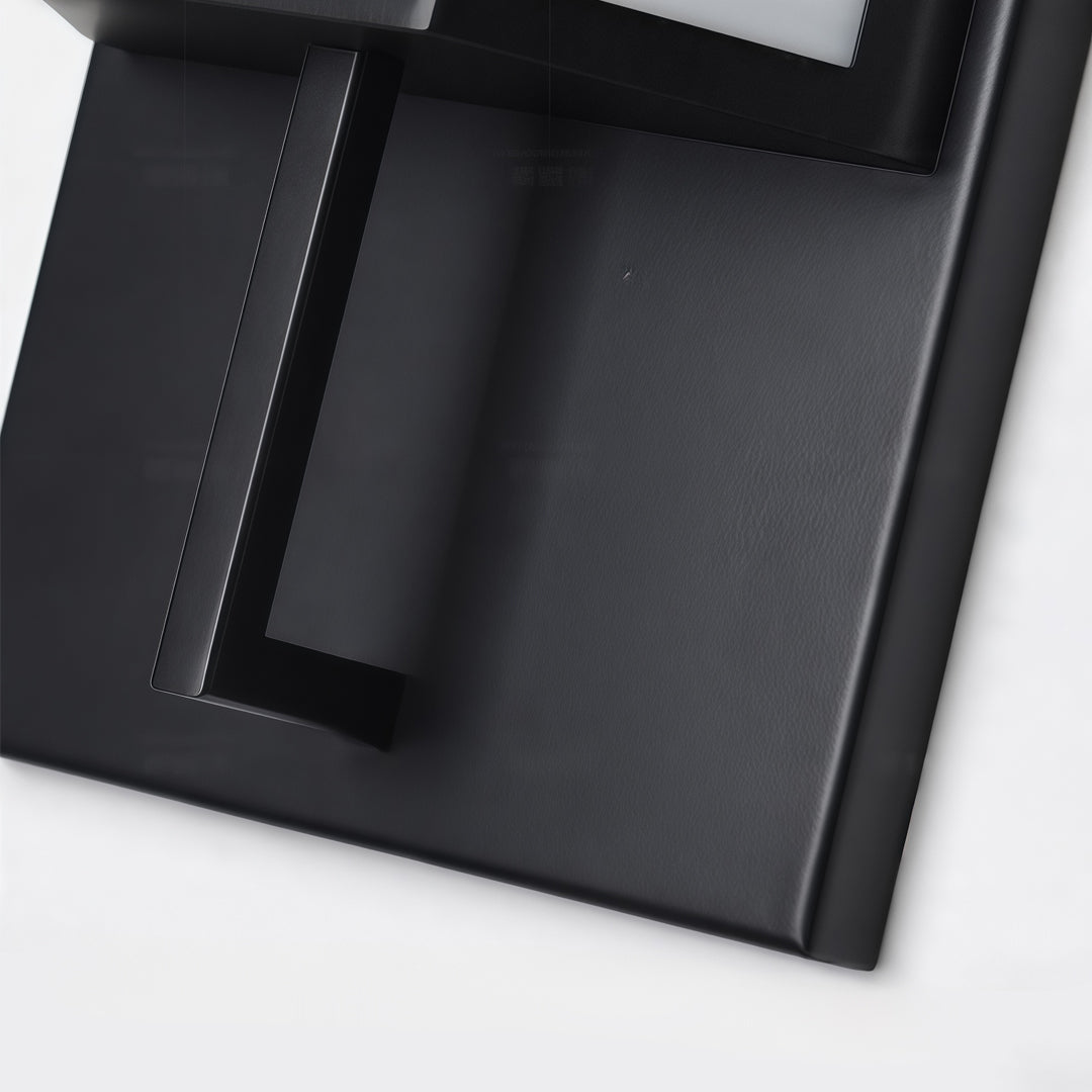 Detailed view of matte black Large Outdoor Wall Light mounting plate with minimalist geometric design.