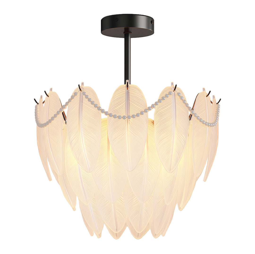 Feathers chandelier with matte black frame and layered frosted glass petal design