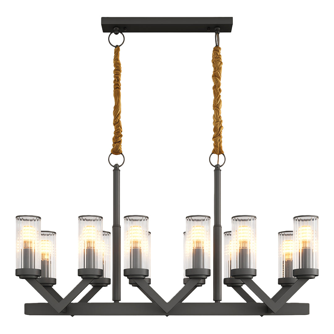 Modern luxury chandeliers in matte black with linear glass drop configuration