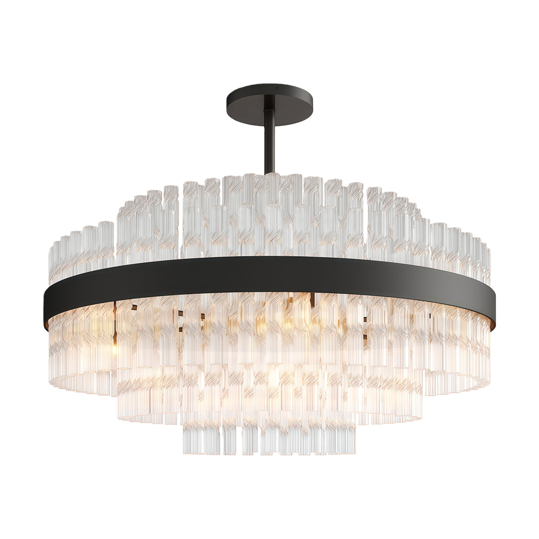 Industrial modern chandelier featuring matte black frame with radiant crystal detailing