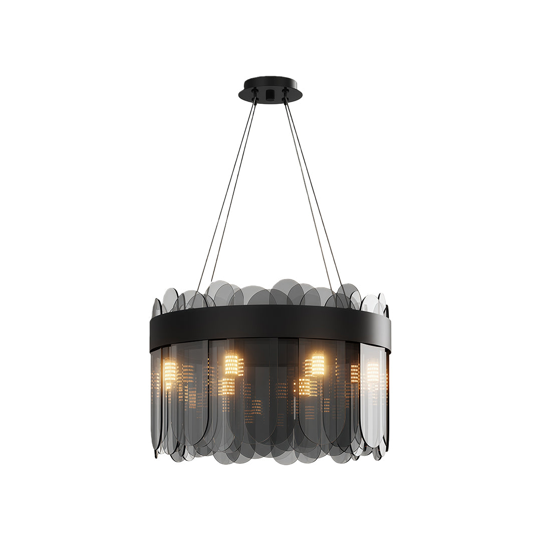 Modern luxury chandeliers in matte black with scalloped trim and cylindrical glass shades