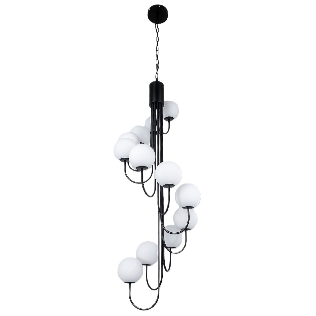 Matte black spiral globe chandelier with smooth curved arms and white frosted glass shades.