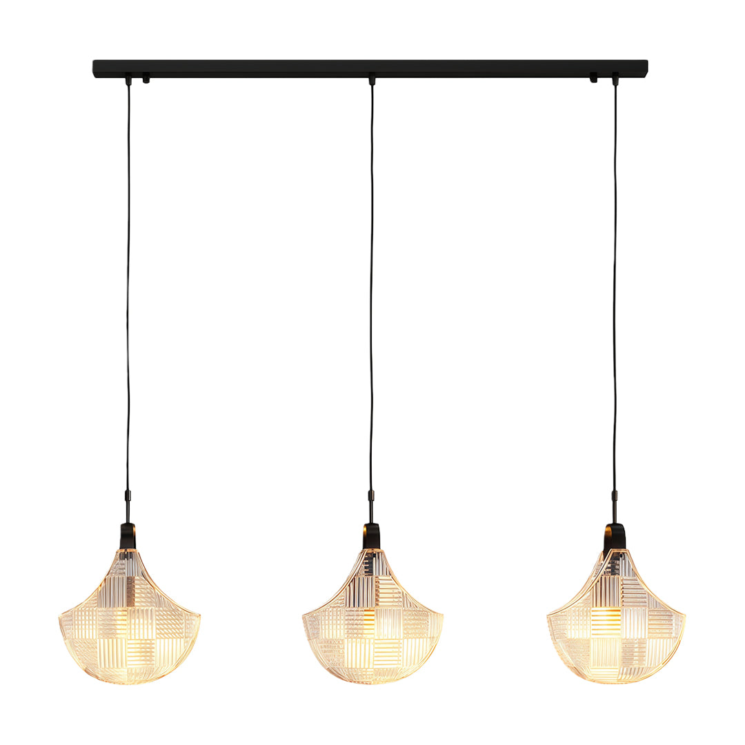 Modern luxury shell chandelier light in matte black with three shell-shaped glass shades.
