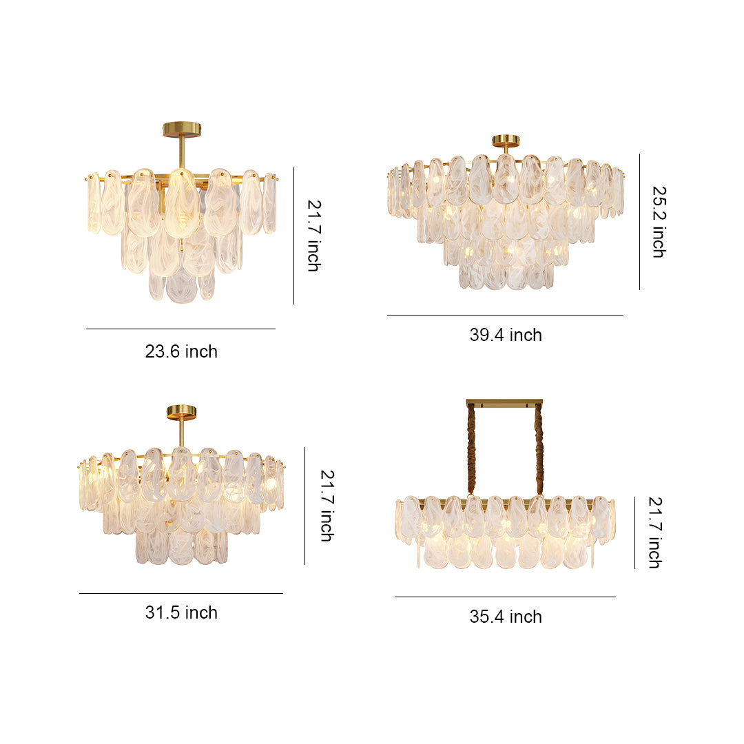 Midcentury modern chandelier with matte black ceiling mount and tiered frosted glass panels.
