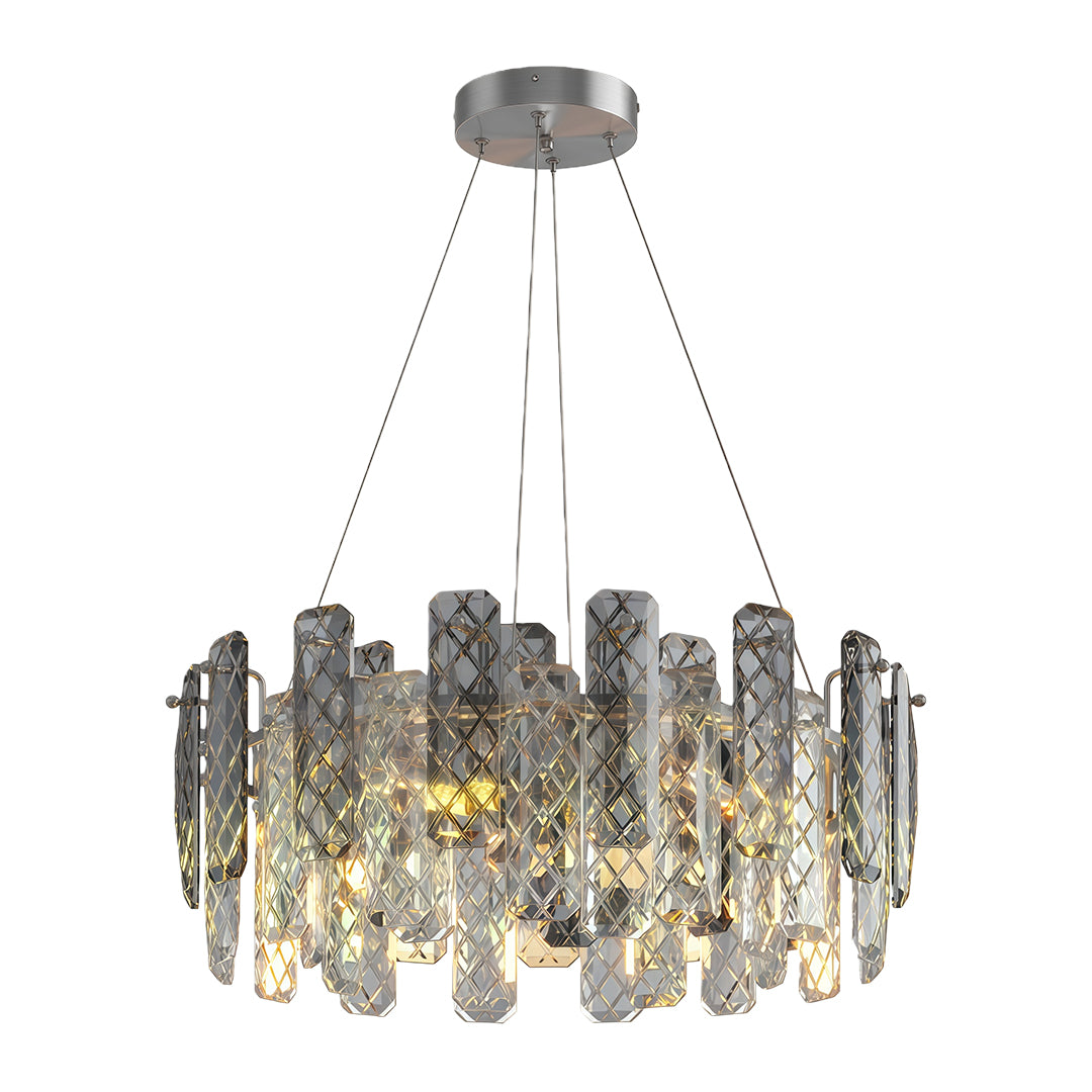 Luxury contemporary crystal chandeliers in matte black with tiered smoked crystal configuration.
