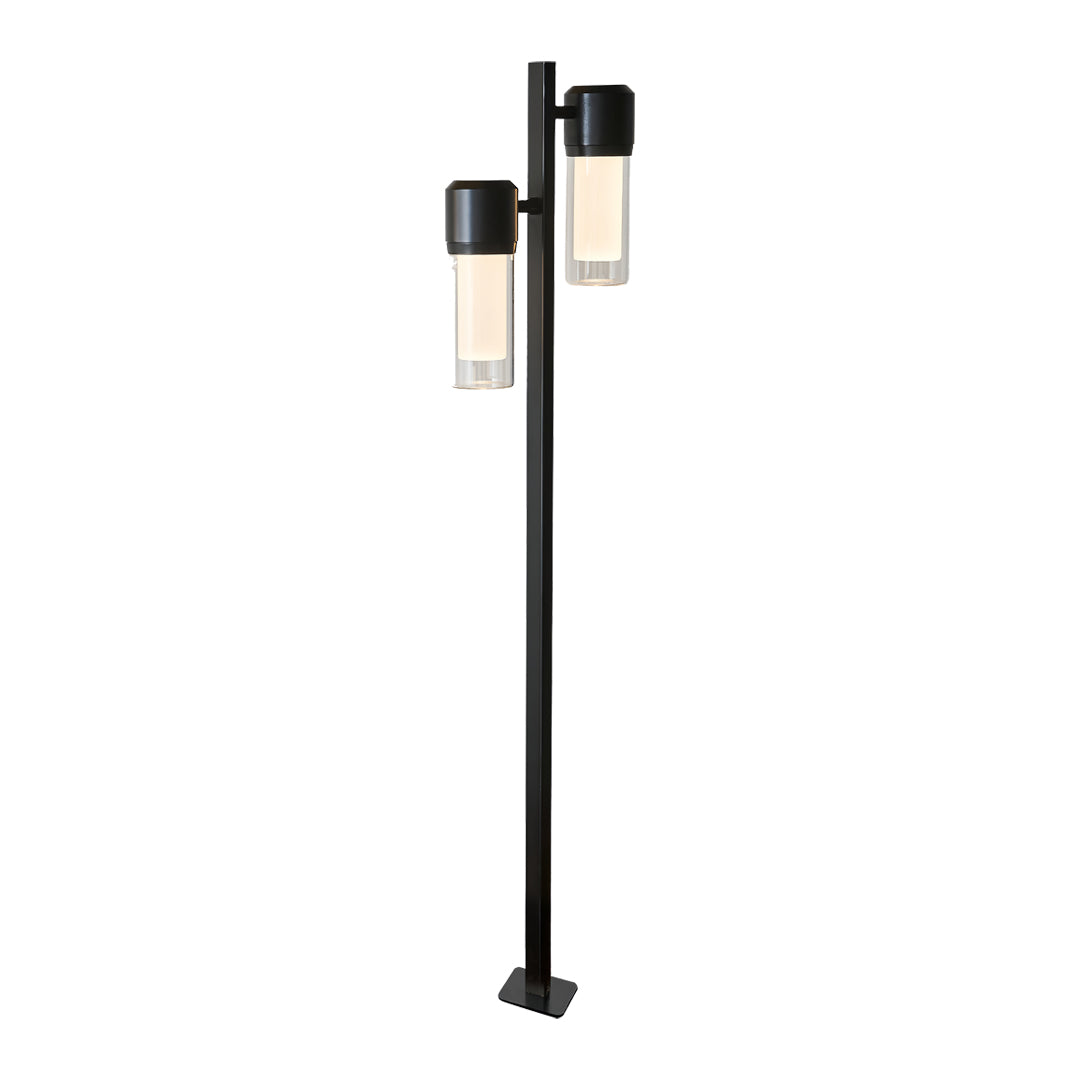 Matte black contemporary path light with an extended pole and rectangular frosted lantern.