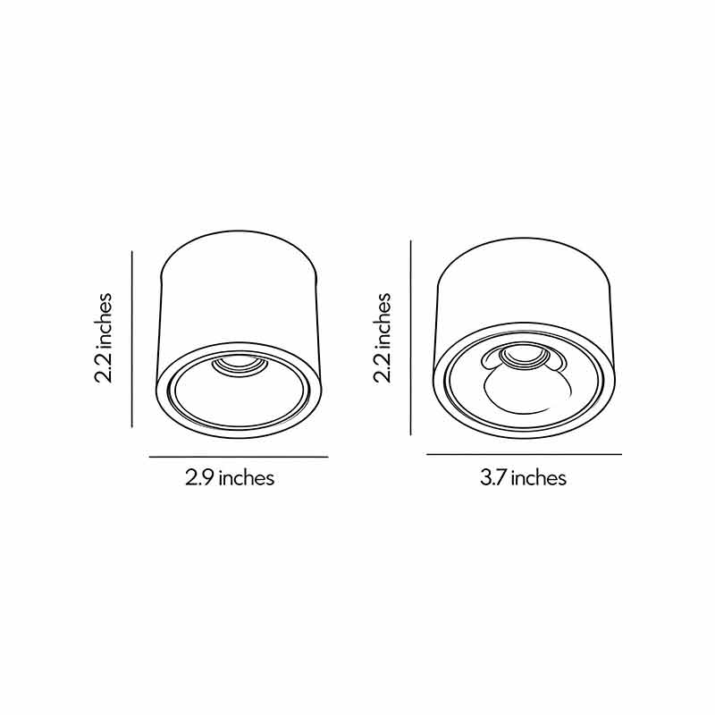 Measurement drawing of a white ceiling spotlight with clear size and installation guidelines.