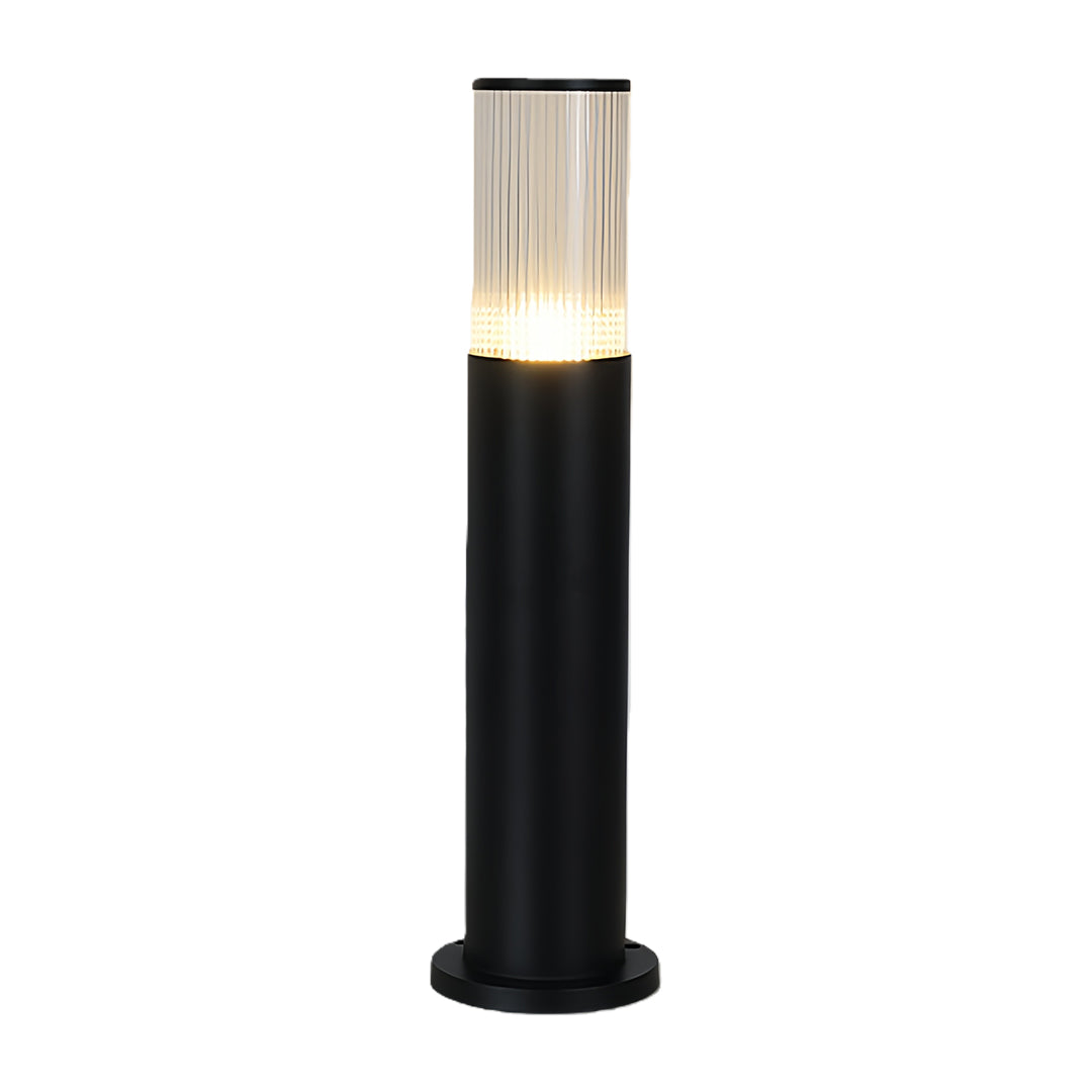 Medium 23.6-inch size of the modern bollard path light with a black finish, shown glowing on a white background.