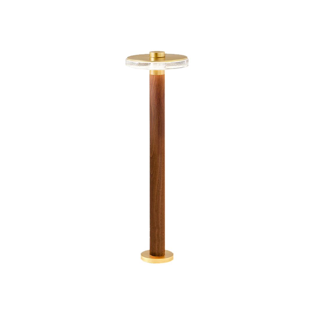 Medium-height bronze landscape pathway lighting pole with round LED head on white background.