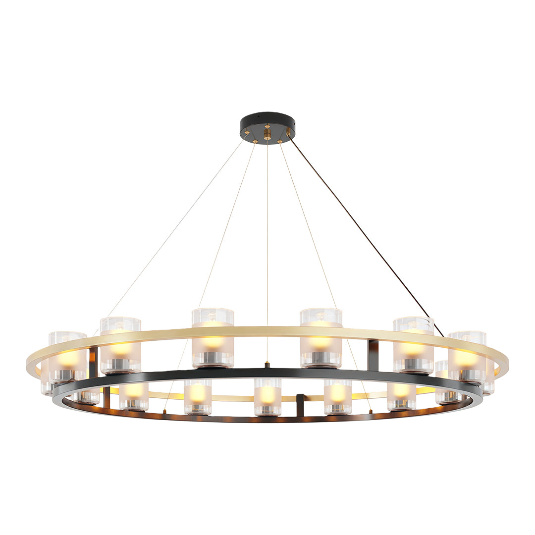 Modern luxury chandeliers displaying large-scale circular ring design with warm LED illumination